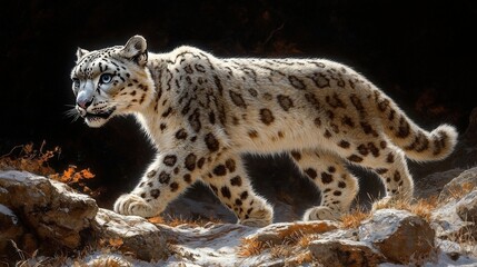 Fototapeta premium Snow Leopard Walking on Snowy Mountain Terrain with Dark Background