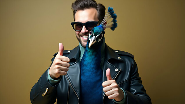 Flat Cool peacock wearing sunglasses and leather jacket giving thumbs up symbolizing trendy confident and stylish vibes concept as Stylish peacock adorned with sunglasses and leather jacket giving thu