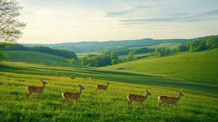 Several spotted deer graze peacefully on a green grassy landscape