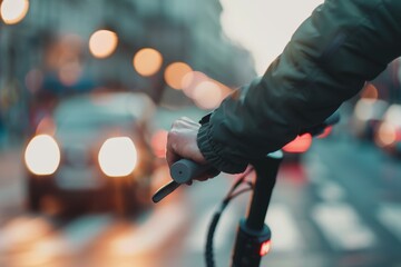 Hand Locking Electric Scooter with Blurred Urban Street Background for Modern Commuting Design