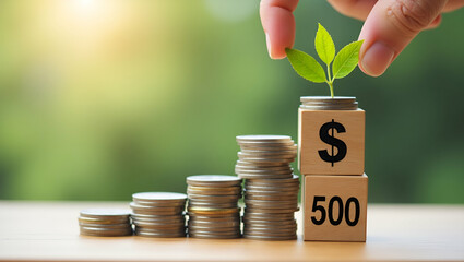 Visualizing Growth: S&P 500 Index Fund Symbol on Stacked Wooden Cubes and Coins - A Cute Vector Illustration Representing Positive Trend Changes in Business and Investment Strategies