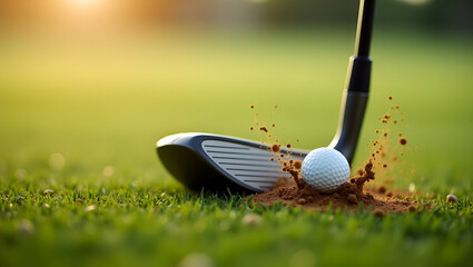 Flat The moment a golf club contacts the ball grass and dirt flying showcasing athletic precision and sport action concept as The moment a golf club strikes the ball with grass and dirt flying showcas