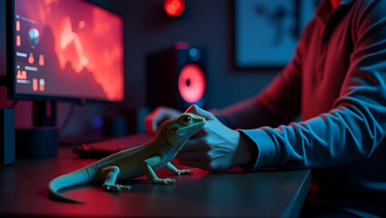 Gaming influencer with pet lizard dynamic game room setup highlighting unique companions and gaming lifestyle perfect for tech and gaming themes concept as Gaming influencer featuring pet lizard in dy