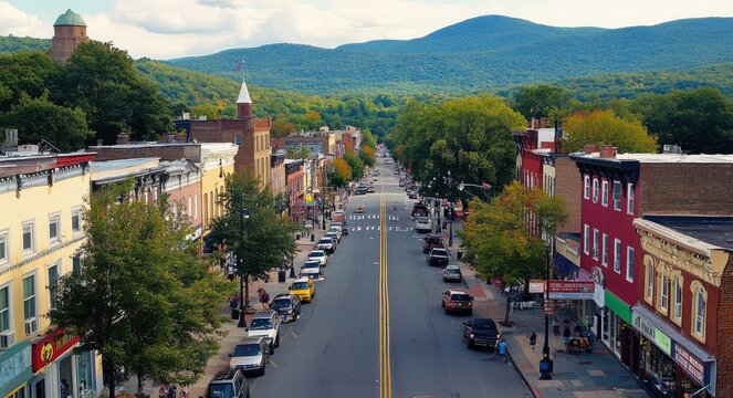 Scenic Aerial Perspective of Broadway Street in Quaint Kingston, New York