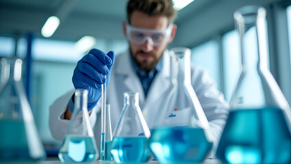Exploring Flat Medicine Research: Chemists Conducting Liquid Experiments with Beakers and Glassware in a Pharmaceutical Laboratory - A Cute Vector Illustration