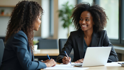 Empowering Corporate Collaboration: African American Female Intern and Indian Male Mentor Analyzing Project Financial Report Together at Desk with Laptop - Stock Photo Concept