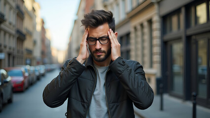 Fototapeta premium Handsome hipster man experiencing headache illustrating discomfort and modern lifestyle stress in urban setting. concept as Handsome hipster man experiencing headache illustrating discomfort and moder