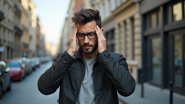 Handsome hipster man experiencing headache illustrating discomfort and modern lifestyle stress in urban setting. concept as Handsome hipster man experiencing headache illustrating discomfort and moder