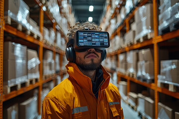 A warehouse worker scanning barcodes with an augmented reality headset. Concept of supply chain optimization and smart warehousing.