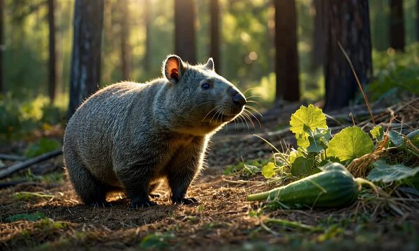 A wombat stands in a sunlit forest, next to a zucchini on the forest floor.