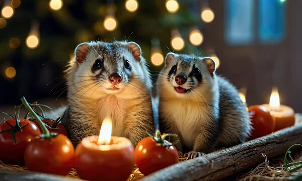 Two ferrets beside tomatoes and candles, creating a cozy, festive atmosphere.