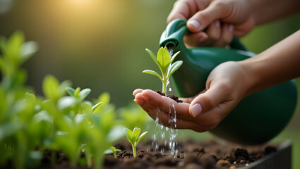 Fototapeta premium Close up woman hand watering a green young plant illustrating gardening plant care and sustainable living concept as Close up of a womans hand watering a young green plant illustrating gardening plant