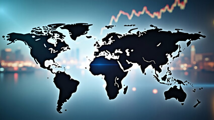 Double exposure global world map on business financial stock market trading background. concept as Double exposure of a global world map layered on a business financial and stock market trading backgr