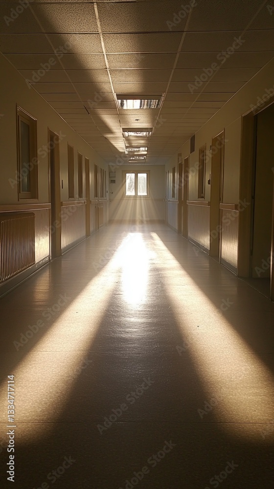Poster soft rays of sunlight filter through the windows of a quiet hospital corridor, illuminating the poli