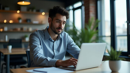 Young Professional Businessman Executive Analyzing Online Financial Market on Laptop in Office - Busy CEO Software Engineer Deep in Thought with Empty Space for Text