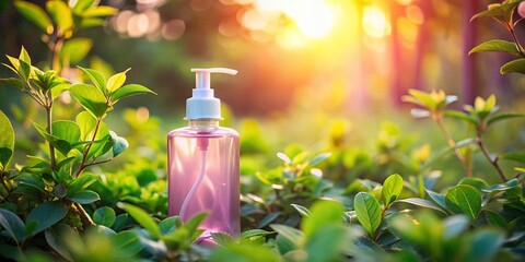 Tilt-Shift Photography: Mouthwash Dispenser in Lush Greenery, Soft Pink & Lavender Tones