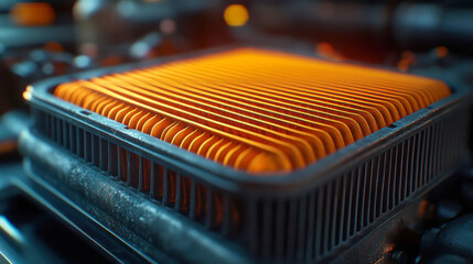 A close-up of a high-quality automotive air filter, clean and well-lit, showing its structured layers and details