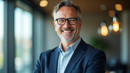 Fototapeta premium Confident smiling middle aged businessman executive and manager stands in office wearing glasses poses for headshot close up portrait showcasing professionalism and maturity concept as Confident middl