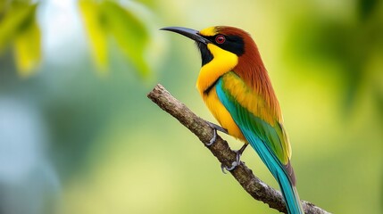 Fototapeta premium close up of bird is sitting on the bench in the nature, bird in the nature