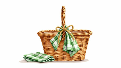 Watercolor Illustration of Wicker Picnic Basket with Green and White Checkered Napkin Tied with Raffia Bow on White Background - Perfect for Outdoor Themes and Lifestyle Designs in Stock Photography