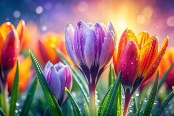 Fototapeta premium Tiny Tulips and Crocus Spring Flowers Macro Photography