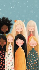 Enchanting gathering of diverse girls with unique hair and outfits standing together against a light blue whimsical backdrop