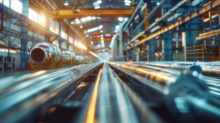 Close-Up of Aluminum Pipes in Warehouse with Reflective Bright Lighting for Industrial Design