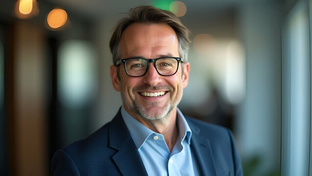 Confident middle aged businessman executive and manager stands in office wearing glasses poses for headshot close up portrait showcasing professionalism and maturity concept as Confident middle aged b - Powered by Adobe