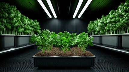 Vibrant green plants growing in a modern indoor greenhouse with LED lights, showcasing fresh produce and sustainable agriculture.