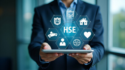 Flat HSE Health Safety Environment Businessman using laptop with icons representing health safety environmental care workplace safety health management environmental responsibility concept as HSE Heal