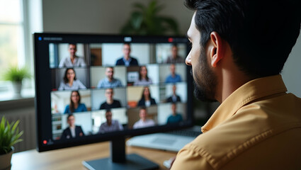 Latin Indian Businessman Leading Virtual Team Meeting: Engaging Diverse Customer Support Team via Group Video Call in Over-the-Shoulder View - Stock Photo Concept