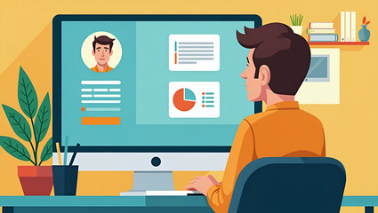 Flat business design online education and E learning at home by webinar training and design for Webinar online video training tutorial podcast and business coaching concept concept as Online education