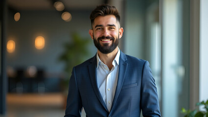 Happy smiling bearded indian business man small business owner company leader sales manager successful lawyer looking at camera standing in office headshot portrait concept as Happy smiling bearded In