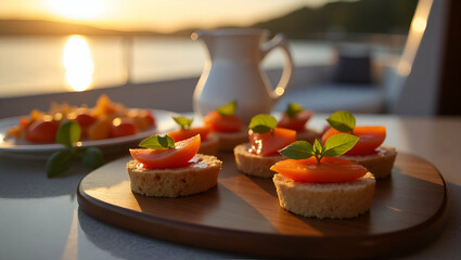 Elegant Appetizers on Yacht at Sunset: Lavish Dining Experience with Deliciously Crafted Hors d'Oeuvres - A Simple Flat Vector Illustration for Smart Business