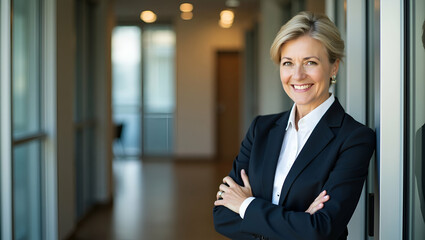 Happy mature business woman leader standing in office looking away. Smiling confident older middle aged professional lady corporate leader senior female executive or entrepreneur portrait. concept as 