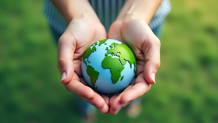 Flat Hands holding green Earth icon symbolizing care saving energy renewable energy and sustainable environment for World Earth Day concept concept as Hands holding green Earth icon representing care 