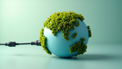 Flat Globe covered in greenery with power cord symbolizing sustainable energy and environmental awareness concept as Globe covered in greenery with power cord symbolizing sustainable energy and enviro