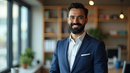 Happy smiling bearded indian business man small business owner company leader sales manager successful lawyer looking at camera standing in office headshot portrait concept as Happy smiling bearded In