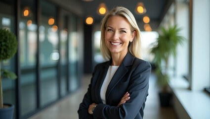 Confident Mature Business Woman Leader in Office: Portrait of a Smiling Senior Female Executive Embodying Leadership and Entrepreneurial Spirit with Space for Text