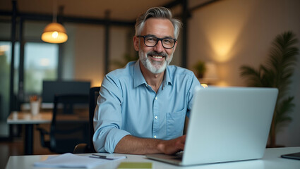 Flat Happy middle aged professional business man older executive ceo manager smiling mature entrepreneur wearing glasses and shirt sitting at office desk working on laptop computer copy space portrait