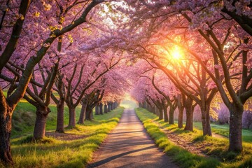Fototapeta premium Tranquil Pathway Through Pink Cherry Blossoms - Spring Serenity Stock Photo