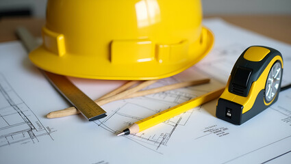 Vibrant Yellow Hard Safety Helmet with Architectural Blueprints, Pencils, Ruler, Protractor, and Tape Measure on Construction Site Table - Showcasing Planning and Building Process with Empty Space for
