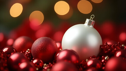 A white Christmas ornament rests among vibrant red decorations capturing the spirit of the holiday season with a festive bokeh background concept as White Christmas ornament among red decorations capt