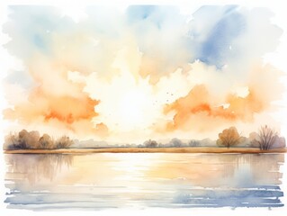 Minimalistic Watercolor Illustration of Sun Shining on River Baptism Scene