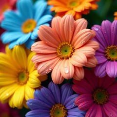 Close up of colorful flowers in full bloom with water droplets on petals, blooms, vibrant, petals
