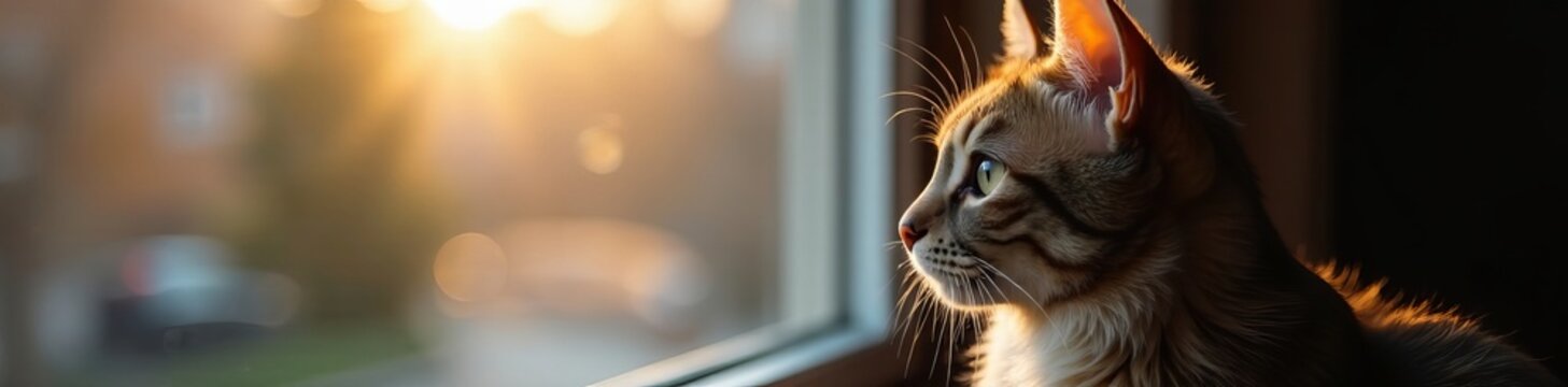 Close up of Ukrainian Levkoy cat looking out of a window, domestic, close up, fluffy