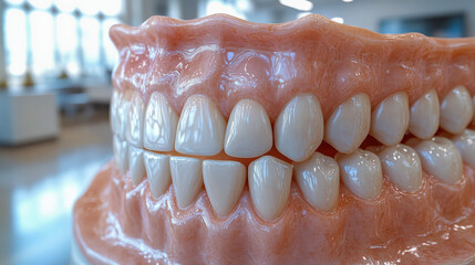 Obraz premium A detailed close-up of a set of artificial dentures, highlighting realistic teeth and gum texture
