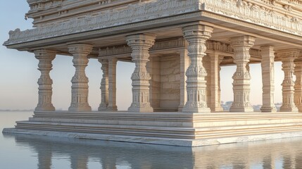 Obraz premium Serene Temple Structure Reflecting in Calm Waters at Sunrise with Ornate Pillars and Design