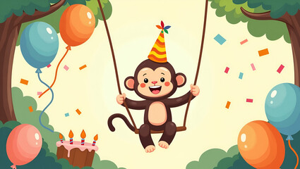 Naklejka premium Playful Kawaii Style Clipart of a Monkey Swinging into a Birthday Party - Simplified Design with Bright Child-Friendly Colors and Clean Look, Perfect for Photo Stock with Empty Space on the Left