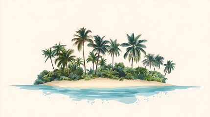 Tropical island scene depicts lush palm trees and tranquil surrounding waters